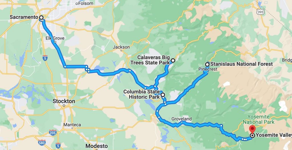 Google map image of route from Sacremento to Yosemite