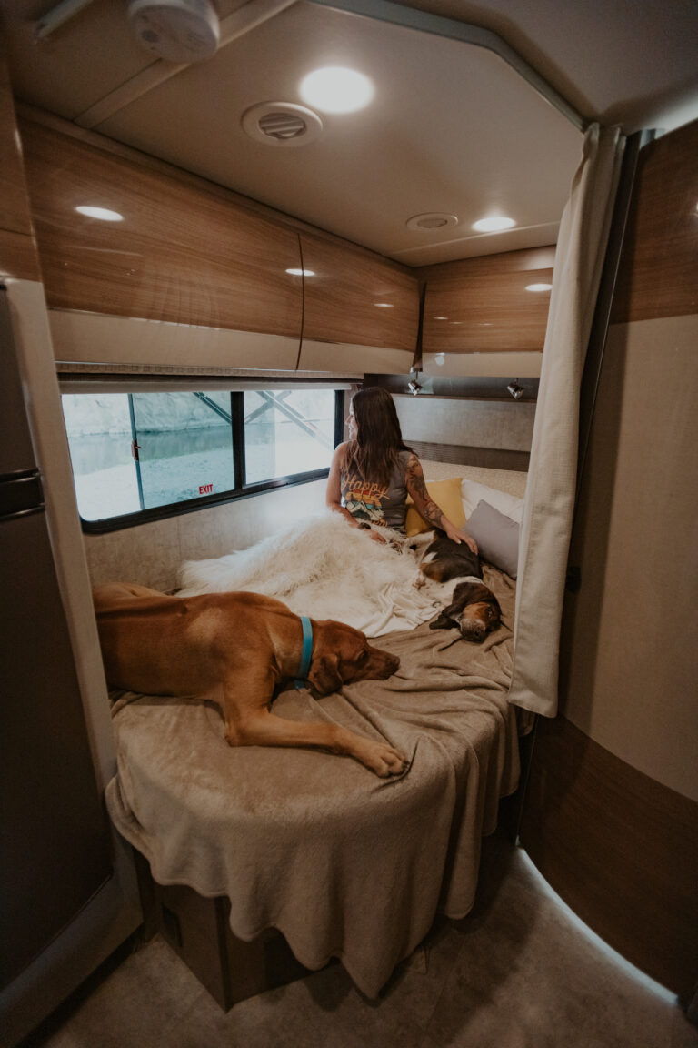 RV bed with girl and dog